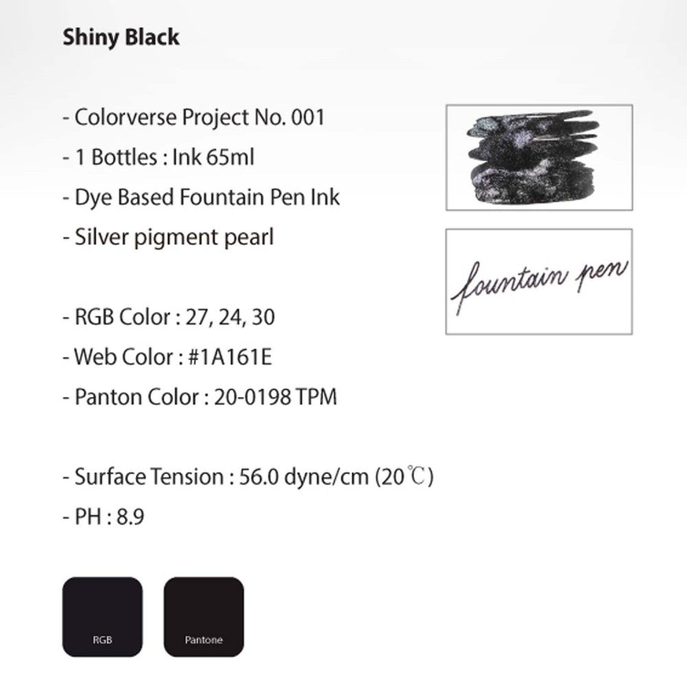 Colorverse 65ml Ink Bottle, Project Series, Shinny Black Glistening, Shimmer, Fountain Pen Ink, Dye Based, Nontoxic Silver Pigment Pearl,