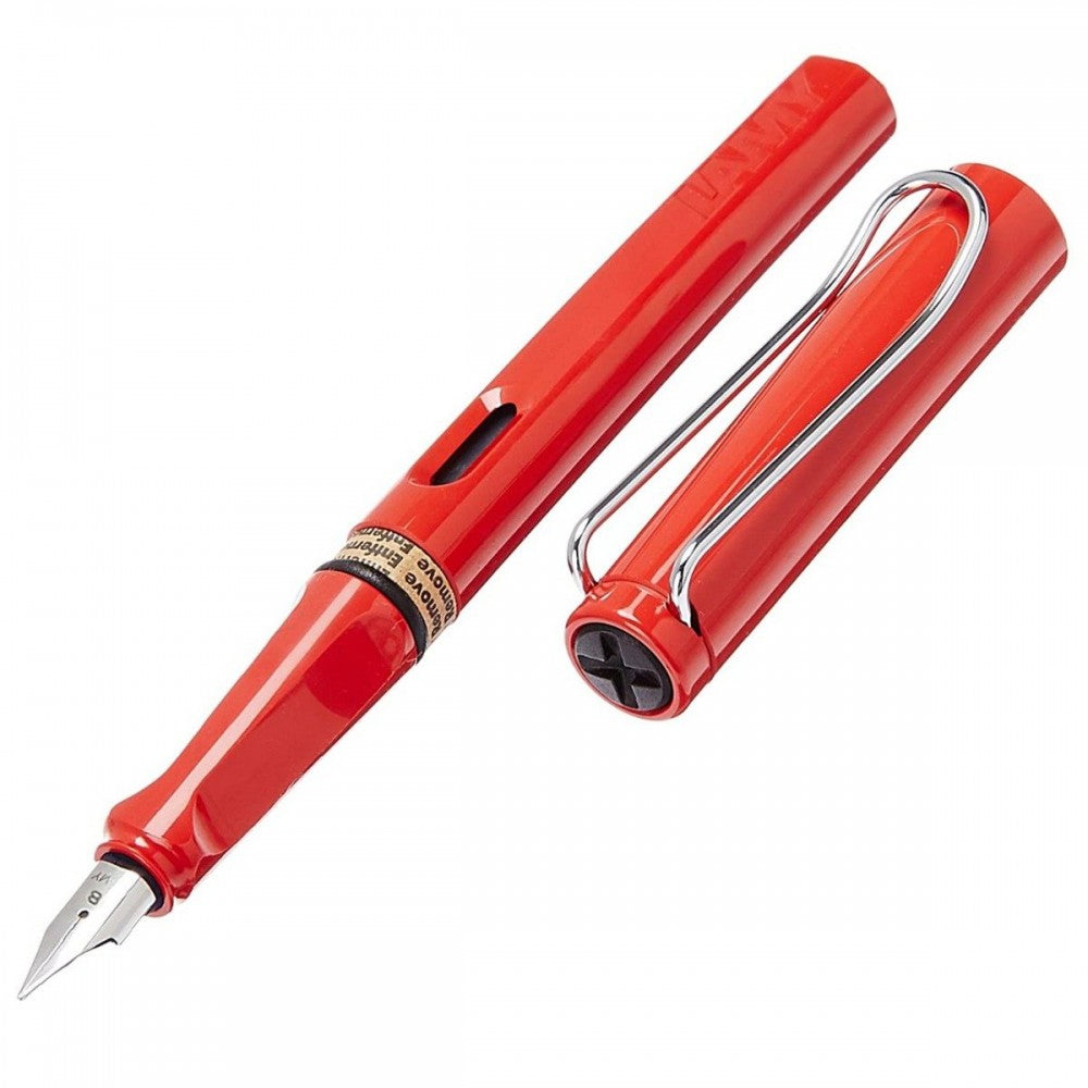 Lamy Safari- Red Fountain Pen, Steel Medium Nib, Chrome Plated Brass Spring Loaded Iconic Clip, Triangular Grip, Abs Plastic Body.