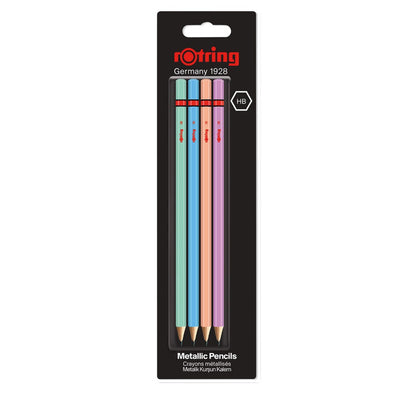 Rotring Woodcase HB Graphite Pencil, Metallic Assorted Colours - Blister Pack of 4 Wooden Pencils