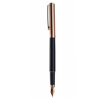 Otto Hutt Design 01 Fountain Ink Pen with Medium Steel Nib, Multi-Polished Black Lacquered Barrel, Pinstripe Pattern Rose Gold Plated Cap,Trims and Nib, Brass Body, Cartridge-Converter Included