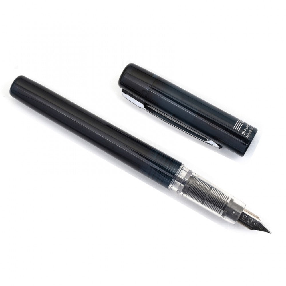 PLATINUM Prefounte Fountain Ink Pen with Stainless Steel Fine Nib, Translucent Graphite Blue Barrel, Cap, Blue-Black Ink Cartridge Included, Slip and Seal Cap Design.