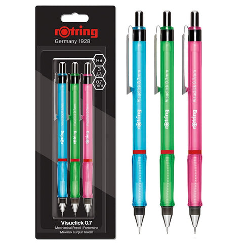 Rotring Visuclick Mechanical Pencil 0.7 Mm Pink, Blue And Green, 2b Lead Blister Pack Of 3