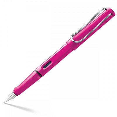 Lamy Safari- Pink Fountain Pen, Steel Broad Nib, Chrome Plated Brass Spring Loaded Iconic Clip, Triangular Grip, Abs Plastic Body.