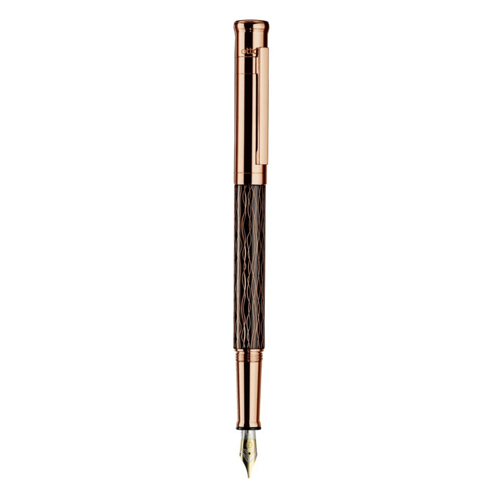 Otto Hutt Design 04 Fountain Ink Pen with Broad 18K Bicolour Nib. Wave Pattern Black Barrel and Rose Gold Plated Cap and Trims, Material Brass, Cartridge - Converter Included