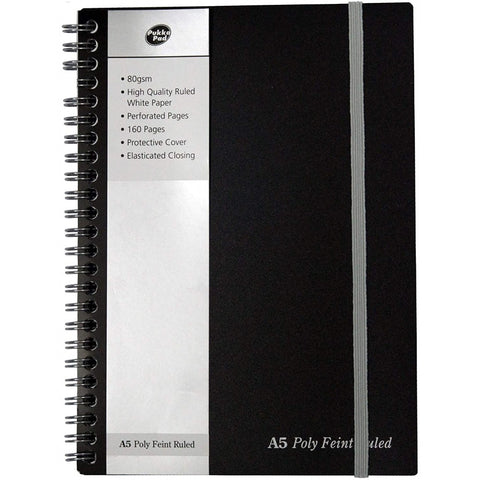 Pukka Pad A5 Size Spiral Bound Note Book Single Line Diary - 160 Pages, Ruled,Twin Wire Bound, 80gsm, 8mm Line, Perforated, Polyprop Black Cover, Elastic Closure