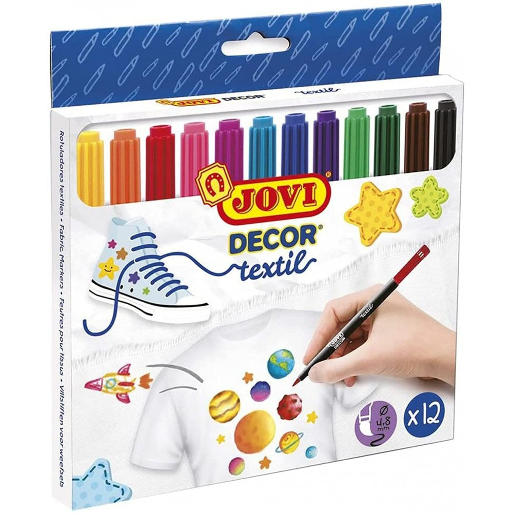 Jovi Decor Fabric Textile Marker, 4.8mm Brush Tip Pen, Water Based Ink, 12 Assorted Vibrant Colours, Ideal for Any Kind of Fabric DIY T-Shirts Project Handicrafts Art and Craft Kids Adults