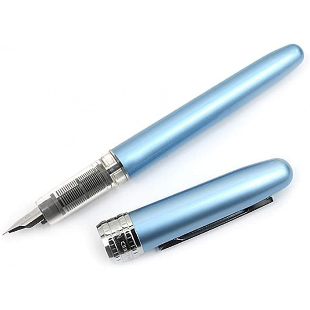 Platinum Plaisir Fountain Ink Pen With Ss Medium Nib, Frosty Blue Barrel, Cap, Anodized Aluminium Body With Shiny Surface, Black Ink Cartridge, Slip And Seal Cap Design.