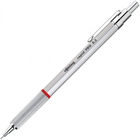 Rotring Rapid Pro Silver 0.5mm Mechanical Pencil HB Lead,Metal Body,Inbuilt Eraser,Push-Button Cap,Non-Slip Metal Knurled Grip.