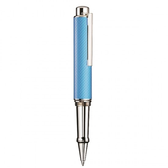 Otto Hutt Design 05 Ball Point Pen, Square Pattern Blue Lacquered Cap, Platinum Plated Barrel and Trims with Satin Finish, Material Brass