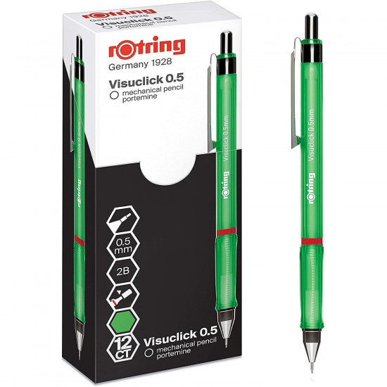 Rotring Visuclick 0.5mm Mechanical Pencil, 2B Lead, Green Barrel - Pack of 12