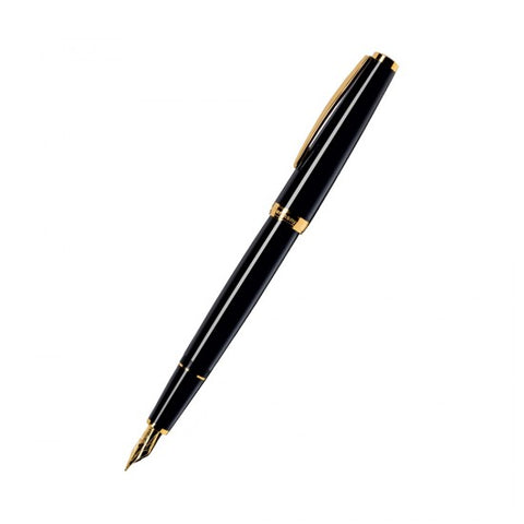 Cleo Skribent Classic Black Fountain Ink Pen, Precious Resin Body, Gold Plated Fittings, 14K GoldNib