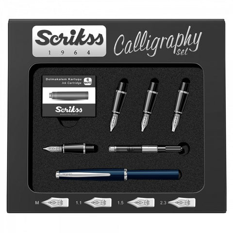 Scrikss Blue Calligraphy Pen Set With Medium, 1.1mm, 1.5mm, 2.3mm Nib, Chrome Trim Clip, Converter, 6 Black Ink Cartridges, Body - Cap Made Of Blue Acrylic Carbon Fibre, Grip Made Of ABS Black