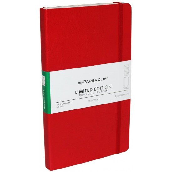 Mypaperclip Limited Edition Hand Drawn PU Back 192 (176 Ruled + 16 Perforated) Pages Notebook 5 x 8.25 inches LEPU192M-R Red