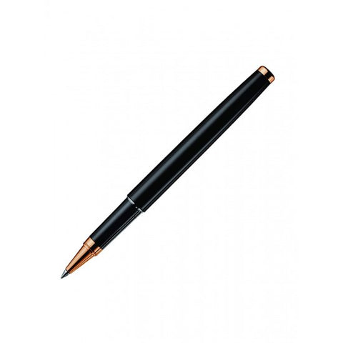 Otto Hutt Design 01 Roller Pen With Black Lacquer Barrel, Rose Gold Plated Fittings And Pinstripe Pattern Cap, Brass Body.