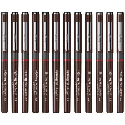 Rotring 0.2mm Line Thickness Tikky Graphic Fineliner with Black Pigmented Lightfast And Water Resistant Ink For Long Life Drawings, Sketching, Writing and Signature, Non-Refillable, Pack of 12pieces