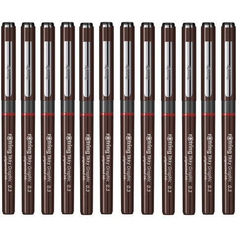 Rotring 0.3mm Line Thickness Tikky Graphic Fineliner with Black Pigmented Lightfast And Water Resistant Ink For Long Life Drawings, Sketching, Writing and Signature, Non-Refillable, Pack of 12pieces