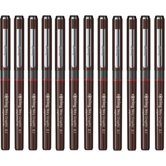Rotring 0.1mm Line Thickness Tikky Graphic Fineliner with Black Pigmented Lightfast And Water Resistant Ink For Long Life Drawings, Sketching, Writing and Signature, Non-Refillable, Pack of 12pieces