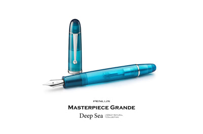 Penlux Masterpiece Grande Great Natural Fountain Ink Pen | Deepsea (Blue) Body | Piston Filling | Stainless Steel No. 6 Jowo Nibs