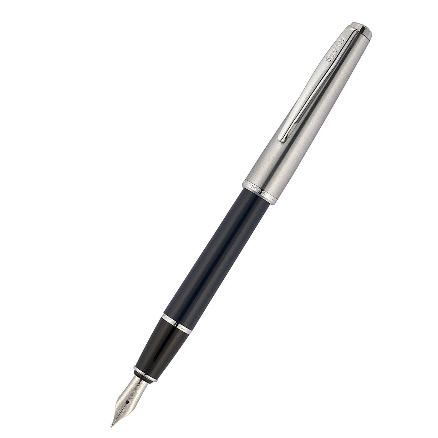 Scrikss Metropolis 78 Black Fountain Ink Pen With Medium Size Nib,Stainless Steel Cap, Chrome Trims, Mounted Converter