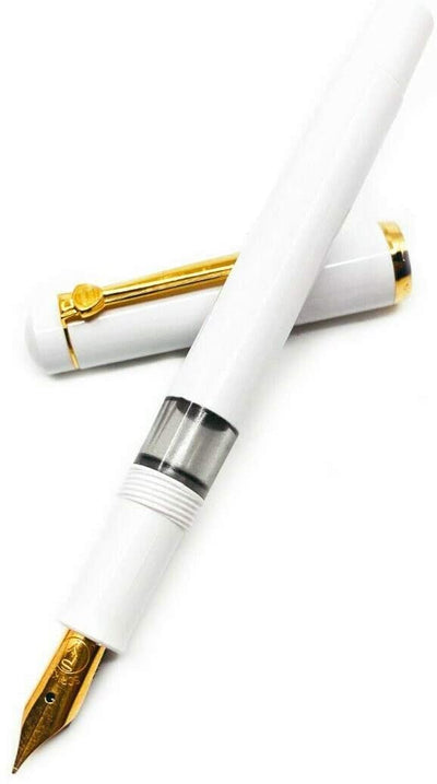 Scrikss | 419 Legendary | Fountain Ink Pen | Medium Nib | Gold Plated | Glossy White Barrel