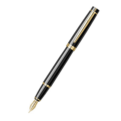 Scrikss Honour 38 Glossy Black Medium Nib Fountain Ink Pen With Gold Plated Trims, Upper n Lower Brass Body and Grip Coated With Multiple Layers Of Black Lacquer, Pen Works With Both Converter & Cartridge, Elegance Collection 62422