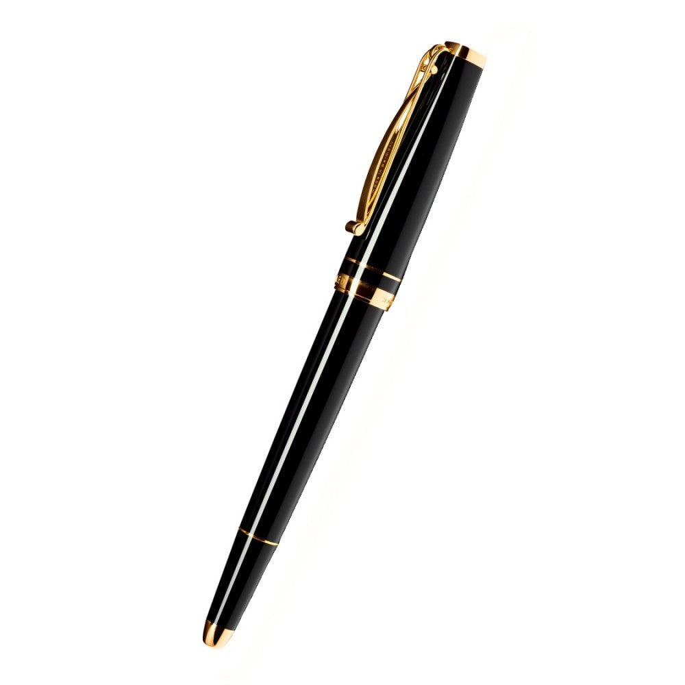 Cleo Skribent Black Gold Fountain Ink Pen with Ink Pot, Body of Precious Resin, Gold-Plated Trims, Used With Cartridge-Converter, 18K Gold Bicolour Nib