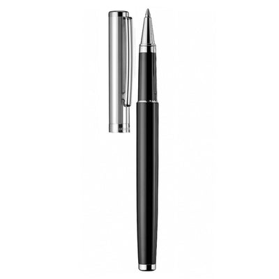 Otto Hutt Design 01 Roller Ball Point Pen, Black Barrel - Sterling Silver AG925 Pinstripe Cap and Platinum Plated Trims, Material Brass.
