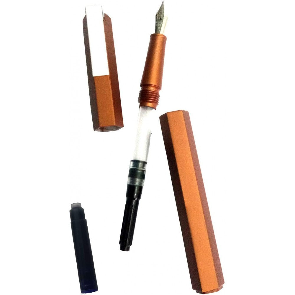 Worther Compact Mocca Fountain Ink Pen - Medium Size Steel Nib For Writing, Smooth Copper Brown Anodized Aluminium Finish Hexagon Design Preinstalled Converter, Blue Ink Cartridge, Spring Pocket Clip