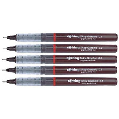 Rotring 0.1mm, 0.2mm, 0.3mm, 0.5mm, 0.8mm Line Thickness Tikky Graphic Fineliner with Black Pigmented Lightfast And Water Resistant Ink For Long Life Drawings, Sketching, Non-Refillable, 5 Pen Set
