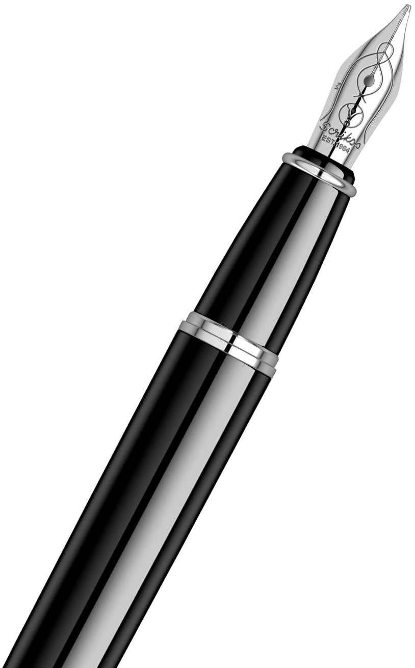 Scrikss Honour 38 Glossy Black Fountain Ink Pen With Medium Size Nib, Chrome Trims, Mounted Converter