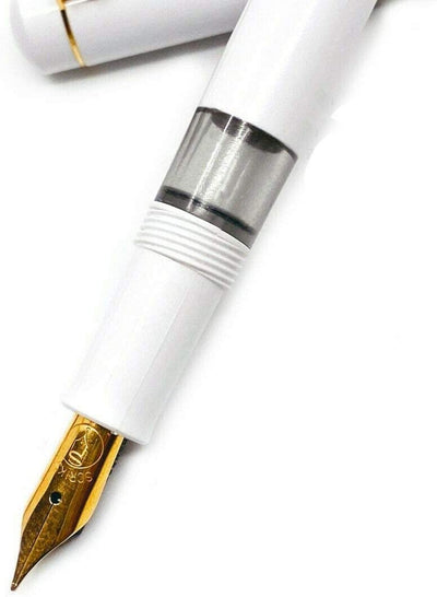 Scrikss 419 Legendary Fountain Ink Pen with Gold Plated Iridium Medium Nib - Trims Scratch Resistant Acrylic Glossy White Barrel - Screw Cap, Piston Ink Filling System