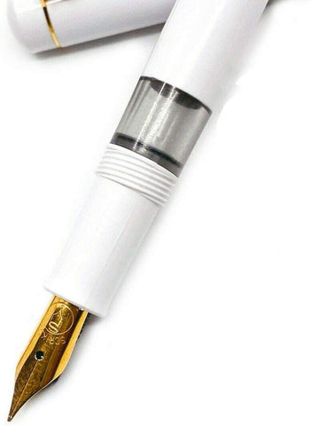 Scrikss 419 Legendary Fountain Ink Pen with Gold Plated Iridium Medium Nib - Trims Scratch Resistant Acrylic Glossy White Barrel - Screw Cap, Piston Ink Filling System
