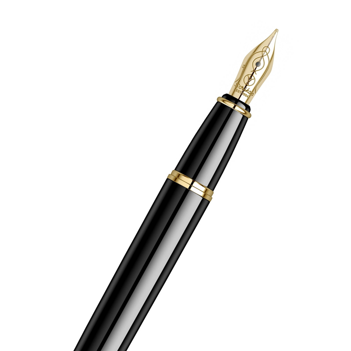 Scrikss Honour 38 Glossy Black Medium Nib Fountain Ink Pen With Gold Plated Trims, Upper n Lower Brass Body and Grip Coated With Multiple Layers Of Black Lacquer, Pen Works With Both Converter & Cartridge, Elegance Collection 62422