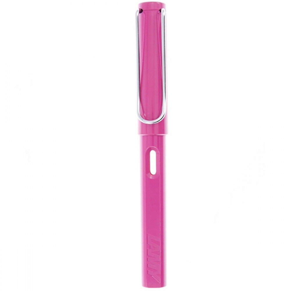 Lamy Safari- Pink Fountain Pen, Steel Medium Nib, Chrome Plated Brass Spring Loaded Iconic Clip, Triangular Grip, Abs Plastic Body.