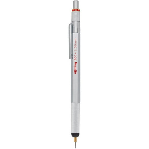 Rotring 800+  Silver  0.5 mm Premium Hybrid Mechanical Pencil + Stylus, Twist and Click Mechanism,Pocket Safe,Non-slip metal knurled grip, Inbuilt Eraser, Push Button Cap.