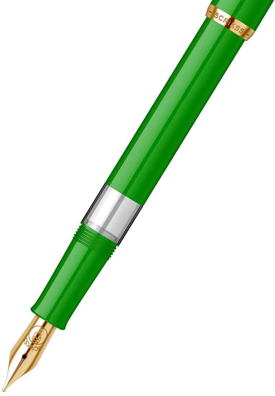 Scrikss 419 Legendary Fountain Ink Pen with Gold Plated Iridium Medium Nib - Trims Scratch Resistant Acrylic Glossy Green Barrel - Screw Cap, Piston Ink Filling System