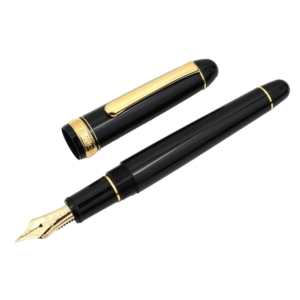 Platinum 3776 Century Gold Trim Fountain Ink Pen With 14k Gold Nib, Black Resin Body Cartridge And Gold Plated Converter Included Slip And Seal Cap Mechanism.