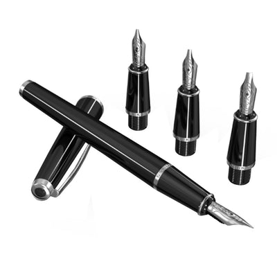 Scrikss Black Calligraphy Pen Set With Medium, 1.1mm, 1.5mm, 2.3mm Nib, Chrome Trim Clip, Converter, 6 Black Ink Cartridges, Body - Cap Made Of Blue Acrylic Carbon Fibre, Grip Made Of ABS Black