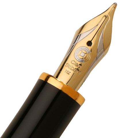 Cleo Skribent Black Gold Fountain Ink Pen with Ink Pot, Body of Precious Resin, Gold-Plated Trims, Used With Cartridge-Converter, 18K Gold Bicolour Nib