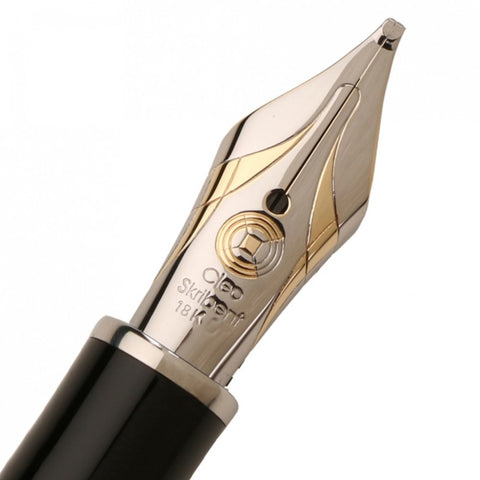 Cleo Skribent | Fountain Ink Pen With Ink Pot | 18K Gold Rhodium Bicolour Nib | Black Body of Precious Resin
