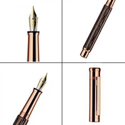 Otto Hutt Design 04 Fountain Ink Pen with Broad 18K Bicolour Nib. Wave Pattern Black Barrel and Rose Gold Plated Cap and Trims, Material Brass, Cartridge - Converter Included