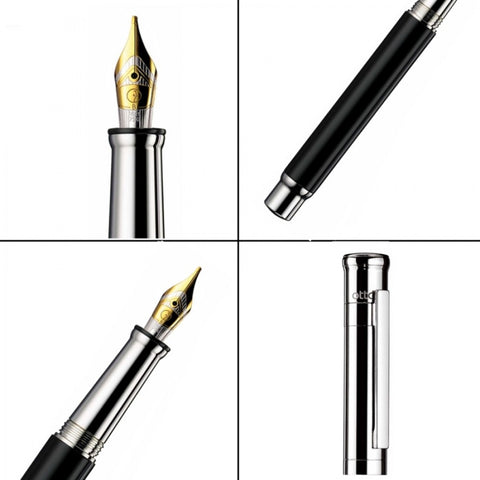 Otto Hutt Design 04 Fountain Ink Pen with Broad 18K Bicolour Nib, Multi-Polished Black Lacquered Barrel, Platinum Plated Cap and Trims, Brass Body, Cartridge - Converter Included