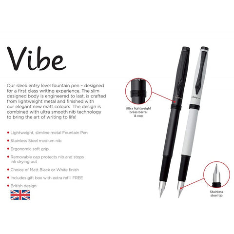 Platignum Vibe White Fountain Pen, Stainless Steel Medium Nib, Black - Blue Cartridge - Converter - 50507