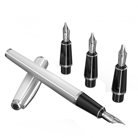 Scrikss White Calligraphy Pen Set With Medium, 1.1mm, 1.5mm, 2.3mm Nib, Chrome Trim Clip, Converter and 6 Black Ink Cartridges, Body - Cap Made Of White Acrylic Carbon Fiber, Grip Made Of ABS Black