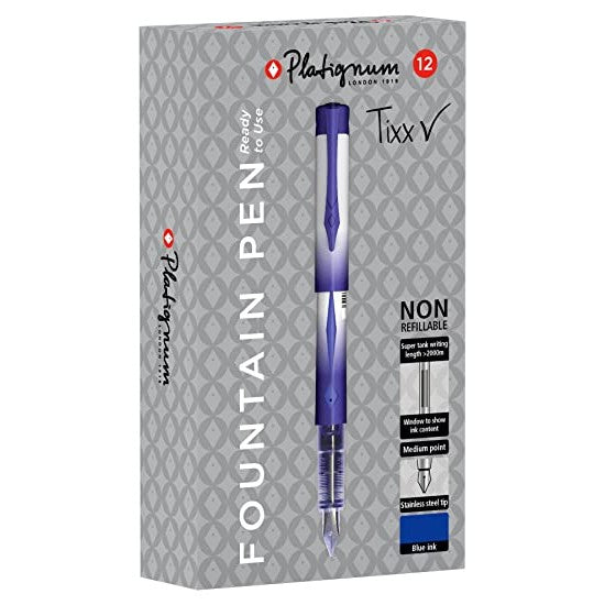 Platignum Tixx Non-Refillable Plastic Fountain Pens - Blue Ink - Non-refillable Pack of 12