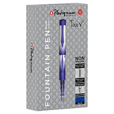 Platignum Tixx Non-Refillable Plastic Fountain Pens - Blue Ink - Non-refillable Pack of 12