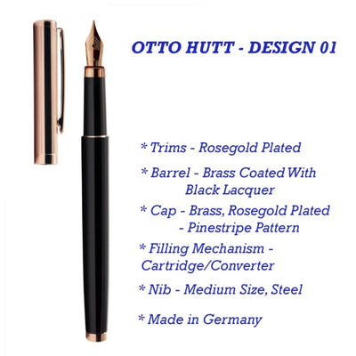 Otto Hutt Design 01 Fountain Ink Pen with Medium Steel Nib, Multi-Polished Black Lacquered Barrel, Pinstripe Pattern Rose Gold Plated Cap,Trims and Nib, Brass Body, Cartridge-Converter Included