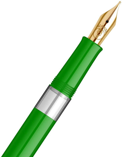 Scrikss 419 Legendary Fountain Ink Pen with Gold Plated Iridium Medium Nib - Trims Scratch Resistant Acrylic Glossy Green Barrel - Screw Cap, Piston Ink Filling System