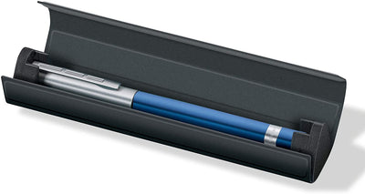 Staedtler Trx Extra Fine Stainless Steel Nib Fountain Ink Pen, Blue Anodised Aluminium Triangular Barrel, Metal Clip, Snap On Cap, Cartridge Included, Black Refill, Made In Germany