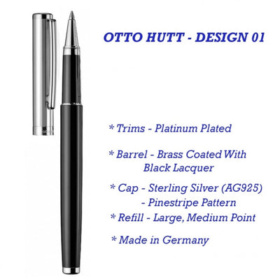 Otto Hutt Design 01 Roller Ball Point Pen, Black Barrel - Sterling Silver AG925 Pinstripe Cap and Platinum Plated Trims, Material Brass.